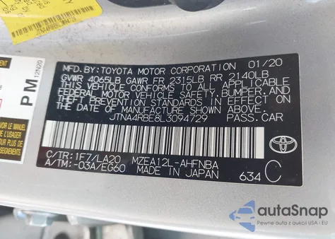 2020 Toyota Corolla Xse z USA, uszkodzony, nr VIN JTNA4RBE8L3094729